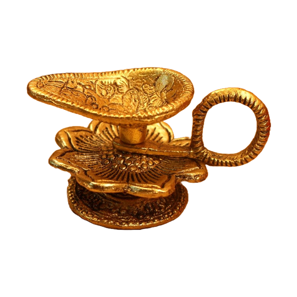 Hand Crafted Metal Brass Diya with Handle for Pooja